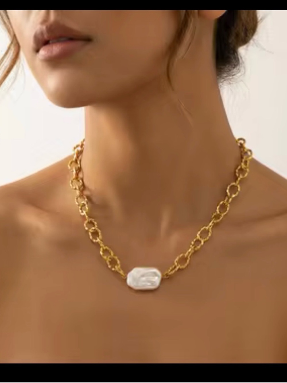 Gold Plated Chain Necklace with White Baroque Pearl Pendant
